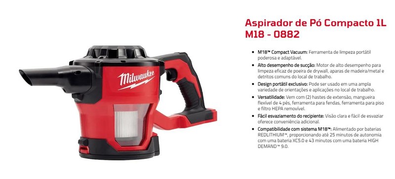ASPIRADOR DE PO BATERIA 18V MILWAUKEE - 0882-20