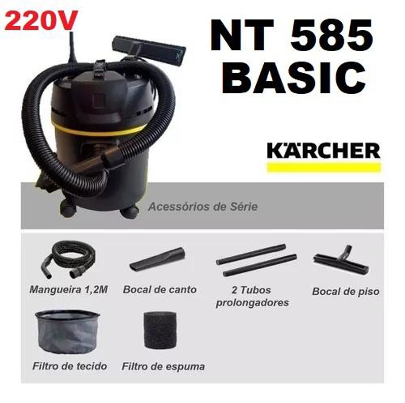 ASPIRADOR DE PO E AGUA ELETRICO COM 1300W KARCHER - NT 585 BASIC PRET 220V
