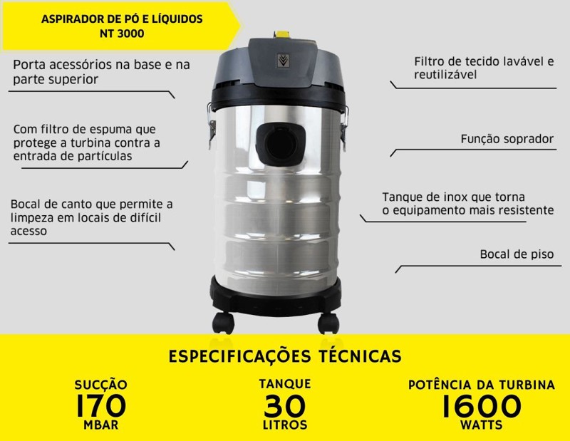 ASPIRADOR DE PO E AGUA ELETRICO COM 1600W NT 3000 KARCHER - 1.428-716.0 220V