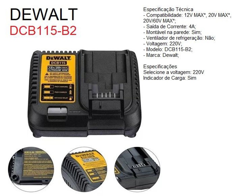 CARREGADOR PARA BATERIA 12V DEWALT - DCB115-B2