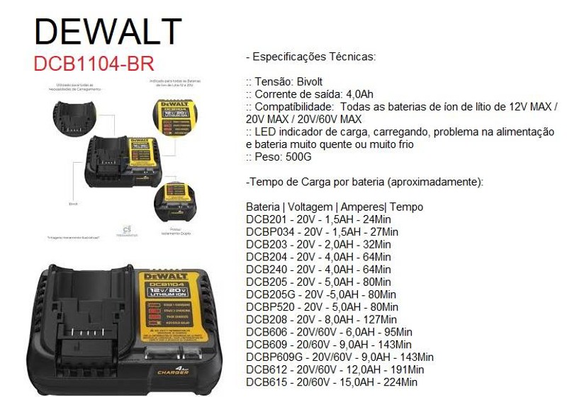 CARREGADOR PARA BATERIA 12V/20V 4.AH BIVOLT DEWALT - DCB1104-BR