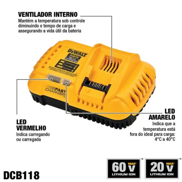 CARREGADOR PARA BATERIA 20 E 60V RAPIDO DEWALT - DCB118B