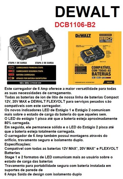 CARREGADOR PARA BATERIA 20V DEWALT - DCB1106-B2