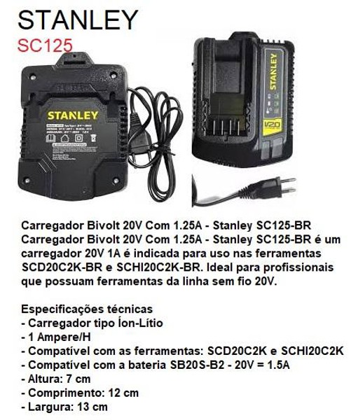 CARREGADOR PARA BATERIA 20V STANLEY - SC125