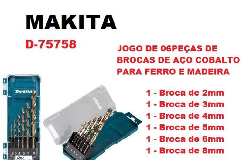 JOGO DE 06PCS COM BROCAS DE ACO COBALTO PARA FERRO E MADEIRA MAKITA - D-75758