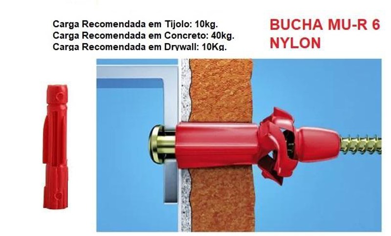 BUCHA MU-R6 NYLON PAREDE COM ANEL TIJOLO OCO VERMELHA 06MM SFOR - S06 REF:120