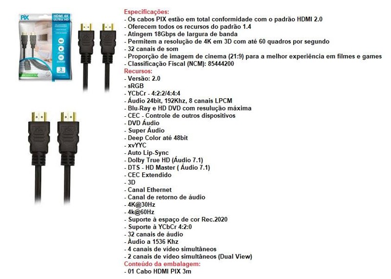 CABO HDMI 4K COM 3 METROS PIX - 018-2223