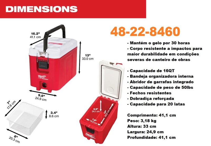CAIXA 16QT COOLER DE 15L PACKOUT MILWAUKEE - 48-22-8460