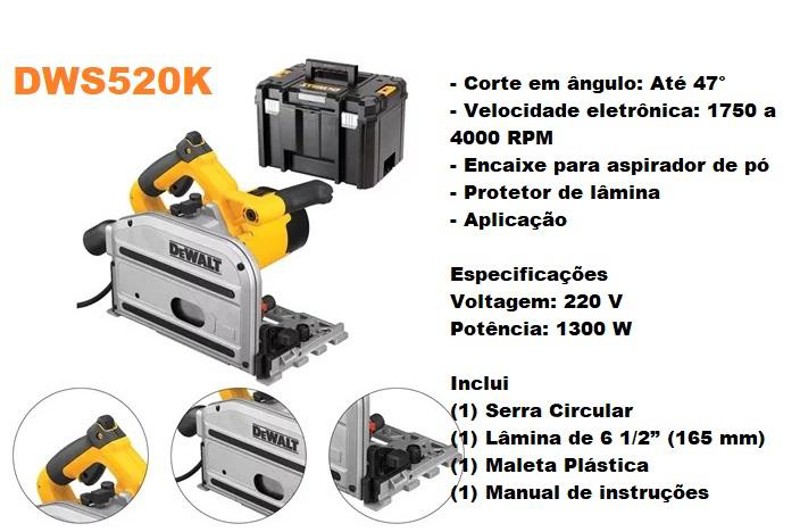 SERRA CIRCULAR DE TRILHO 185MM COM 1300W E MALETA DEWALT - DWS520K-B2 220V