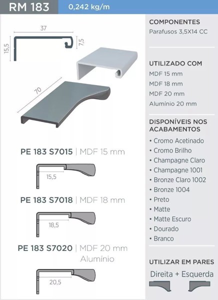 PERFIL PUXADOR FACETATO ROMETAL RM-183  BARRA 06 METROS - COR: - ALUMINIO