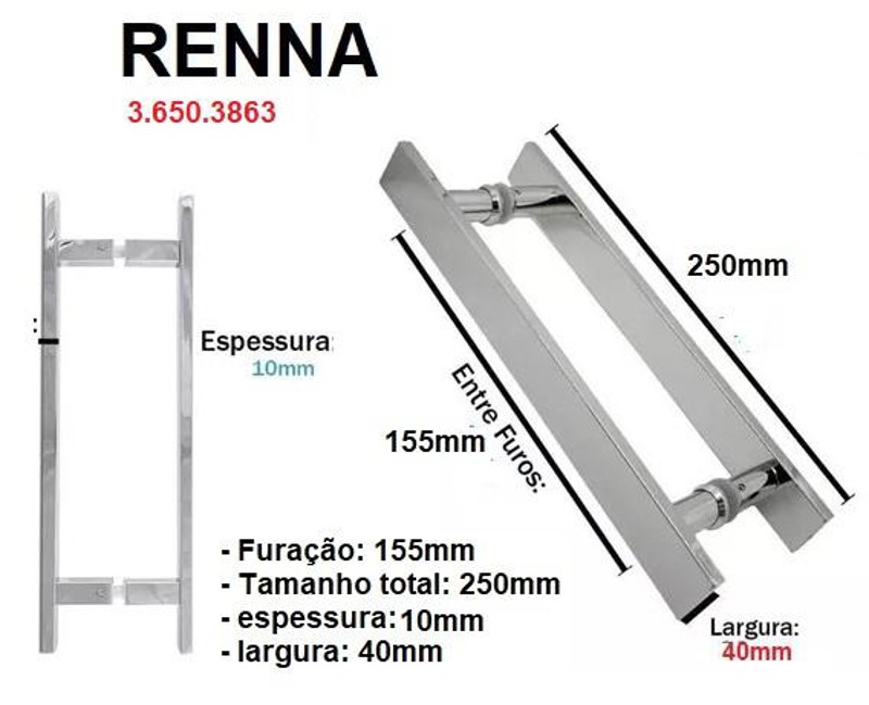 PUXADOR RENNA DUPLO QUADRADO COM 25CM CROMADO - 3.650.3863