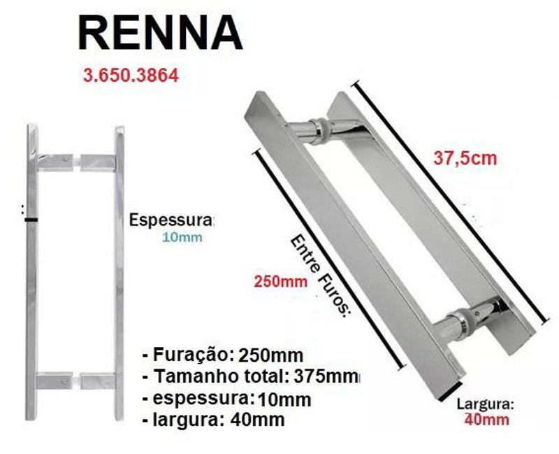 PUXADOR RENNA DUPLO QUADRADO COM 37,5CM CROMADO - 3.650.3864