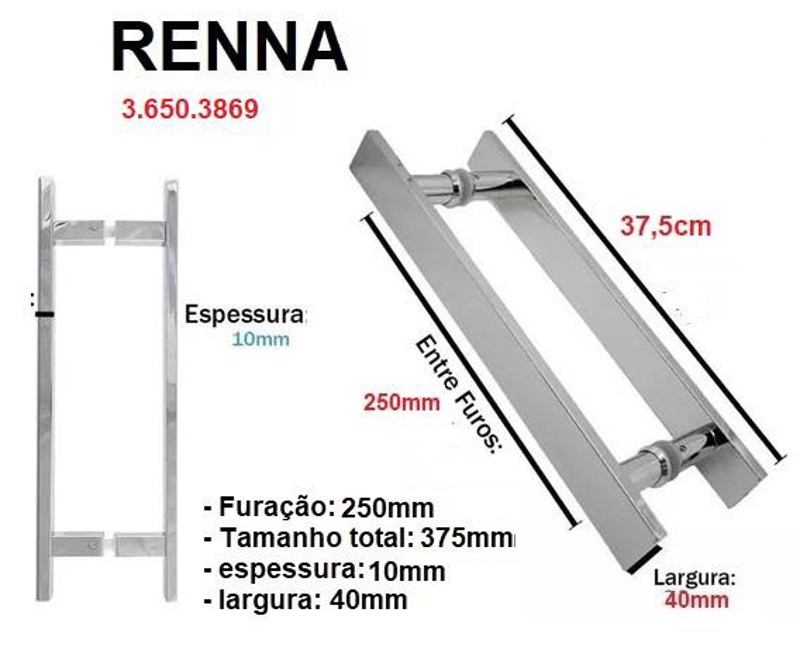 PUXADOR RENNA DUPLO QUADRADO COM 37,5CM ESCOVADO - 3.650.3869
