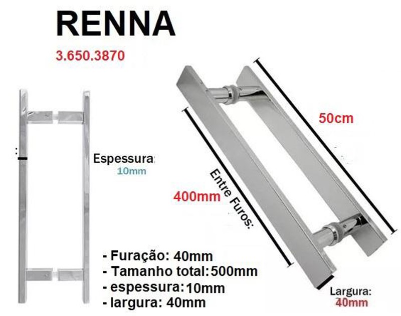 PUXADOR RENNA DUPLO QUADRADO COM 50CM ESCOVADO - 3.650.3870