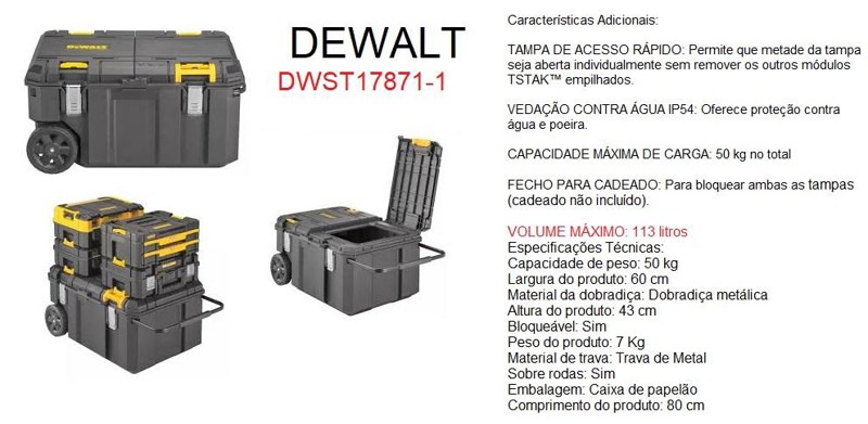 CAIXA DE FERRAMENTAS CONTRACTOR 113LT TSTAK  DEWALT - DWST17871-1