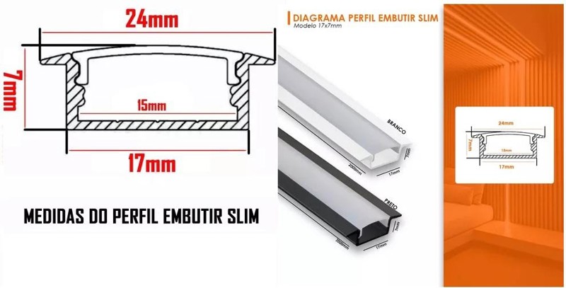 PERFIL EMBUTIR PARA FITA DE LED SLIM COM DIFUSOR 17X7MM ALUMINIO BRANCO - ILUX LEDS