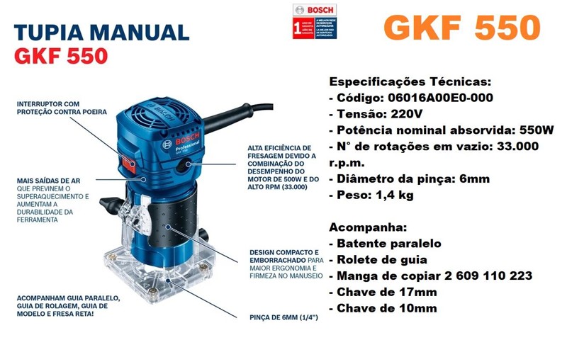 TUPIA LAMINADORA COM 550W BOSCH - GKF550 06016A00E 220V