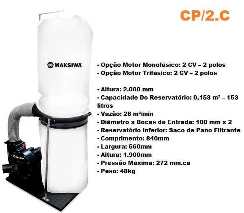 COLETOR DE PO COM 02 BOCA E MOTOR 2CV MONOFASICO MAKSIWA - CP/2.C