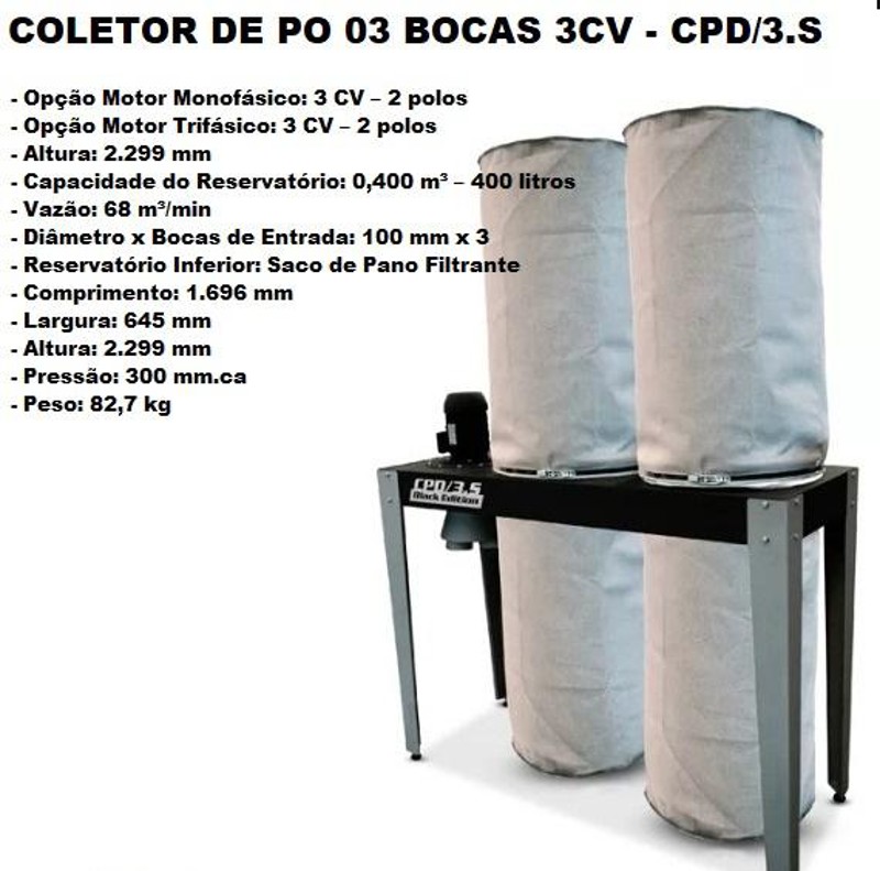COLETOR DE PO COM 03 BOCAS E MOTOR 3CV TRIFASICO MAKSIWA - CPD/3.S