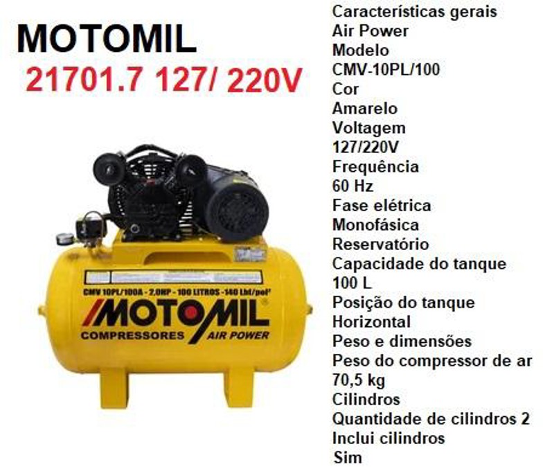 COMPRESSOR AIR POWER MONOFASICO 2,0HP CMV 10/100L MOTOMIL - 00021701.7 127/ 220V