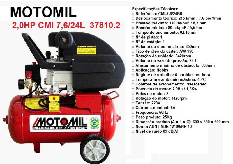 COMPRESSOR MONOFASICO 2,0HP CMI 7,6/24L MOTOMIL - 00037810.2 220V