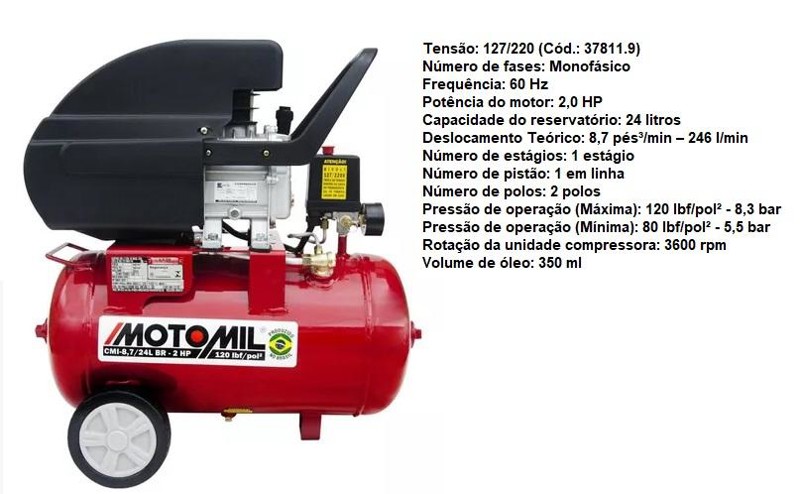 COMPRESSOR MONOFASICO 2,0HP CMI 8,7/24L MOTOMIL - 00037811.9
