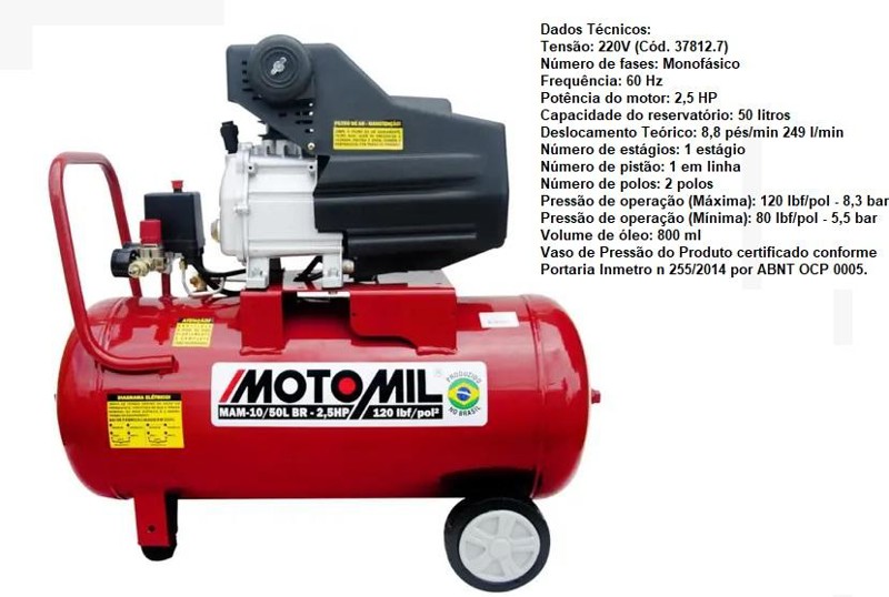 COMPRESSOR MONOFASICO 2,5HP MAM 10/50L MOTOMIL - 00037812.7 127/220V