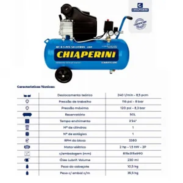COMPRESSOR MONOFASICO CHIAPERINI 2,0HP 8,5/50L AZUL 127V