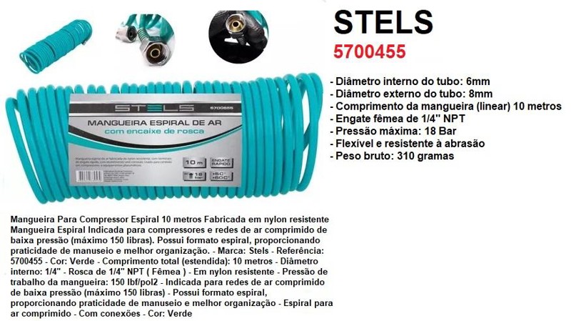 MANGUEIRA PARA COMPRESSOR PU ESPIRAL COM 10 METROS STELS - 5700455