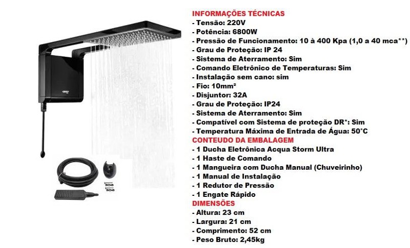CHUVEIRO LORENZETTI ACQSTOR PRETO E CROMADO COM 6800W - 220V