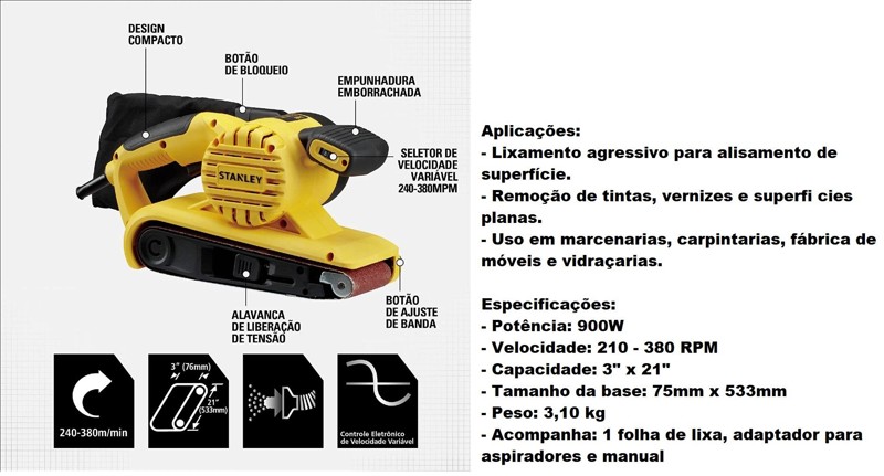 LIXADEIRA DE CINTA COM 900W STANLEY - SB90-B2 220V