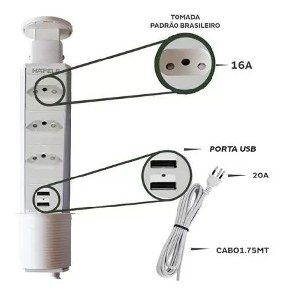 TORRE POWER PLUG COM 03 TOMADAS E 02 USB HAFELE - 822.91.141 BRANCA