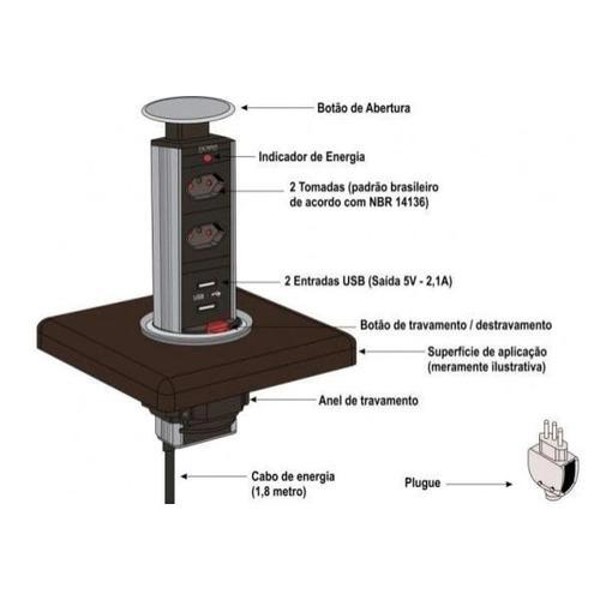 TORRE MULTIPLUG COM 02 TOMADAS E COM USB RENNA - PRATA
