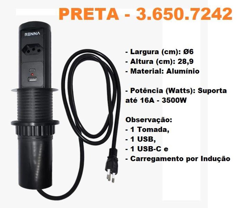 TORRE MULTIPLUG COM 01 TOMADA, 02 USB E INDUCAO RENNA - 3.650.7242 PRETA