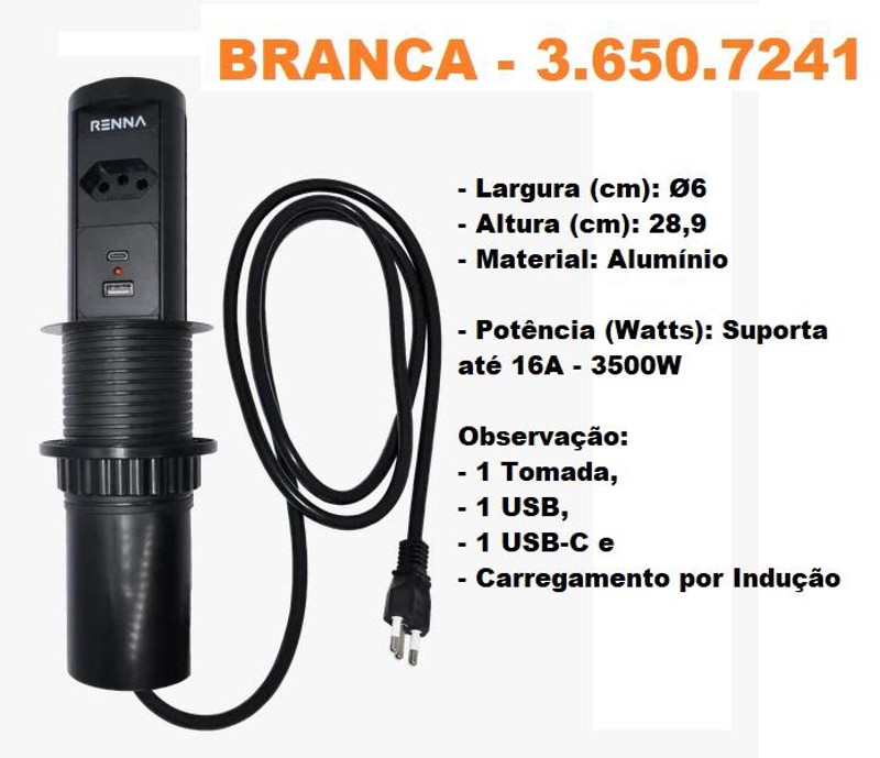 TORRE MULTIPLUG COM 01 TOMADA, 02 USB E INDUCAO RENNA - 3.650.7241 BRANCA