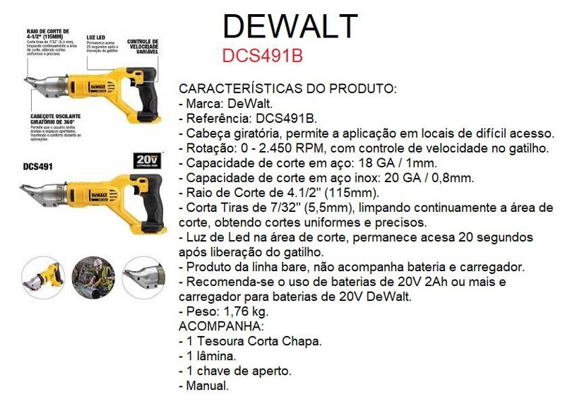 TESOURA CORTA CHAPA A BATERIA 20V MAX18G DEWALT - DCS491B