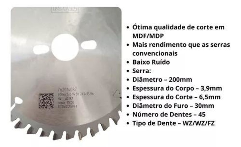 DISCO CORTE DE 200MM PARA FUNDO DE 6MM COM 45 DENTES LEITZ - 762014087