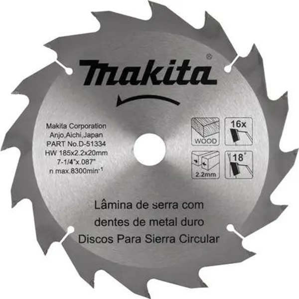DISCO CORTE MADEIRA DE 185MM COM 16 DENTES MAKITA - D-51334