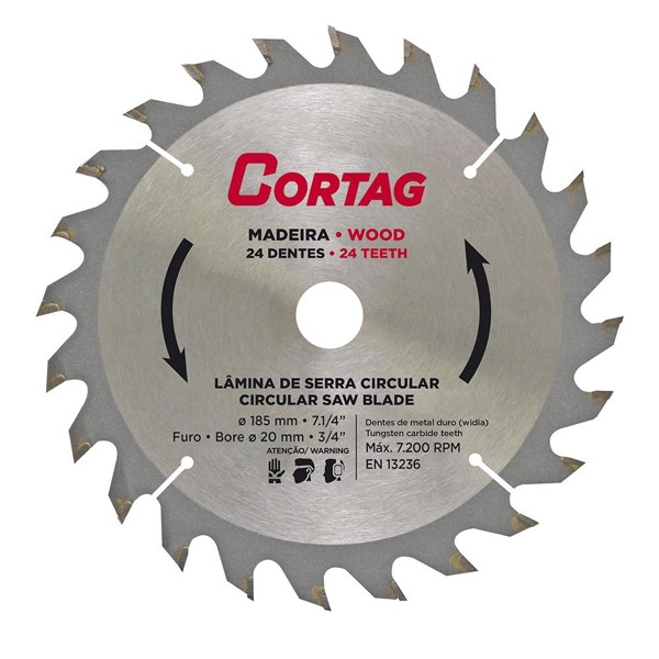 DISCO CORTE MADEIRA DE 185MM COM 24 DENTES CORTAG - 60753