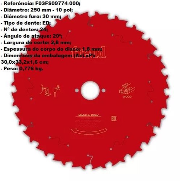 DISCO CORTE MADEIRA DE 250MM COM 24 DENTES FREUD - FR23W001T