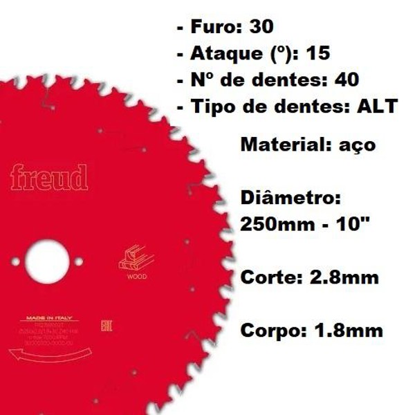DISCO CORTE MADEIRA DE 250MM COM 40 DENTES FREUD - FR23W002T