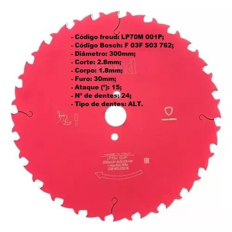 DISCO CORTE MADEIRA DE 300MM COM 24 DENTES FREUD - LP70ML001P