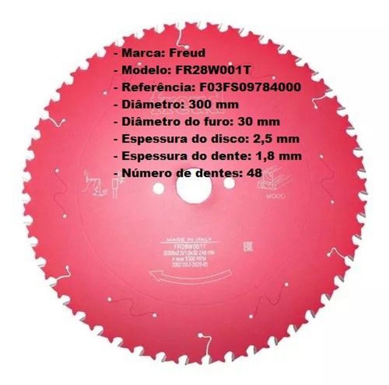 DISCO CORTE MADEIRA DE 300MM COM 48 DENTES FREUD - FR28W001T