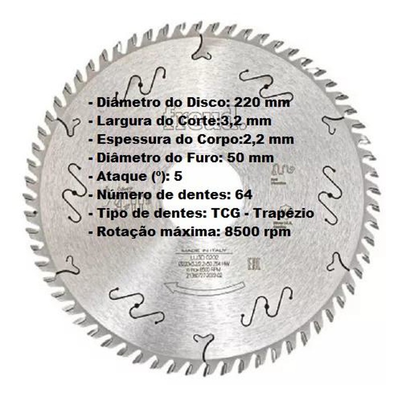DISCO CORTE MDF DE 220MM COM 64 DENTES TRAPEZIO FREUD - LU3D0202