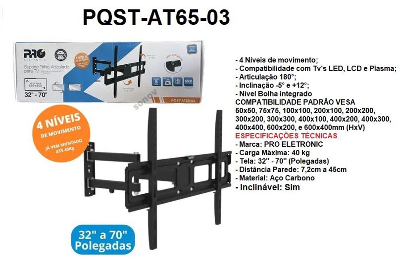 SUPORTE TV TRILHO ARTICULADO 04 MOVIMENTOS - PQST-AT65-03