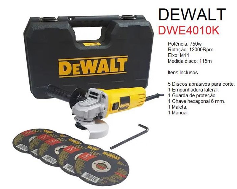 ESMERILHADEIRA ANGULAR 4.1/2'' COM 750W E MALETA DEWALT - DWE4010K 220V