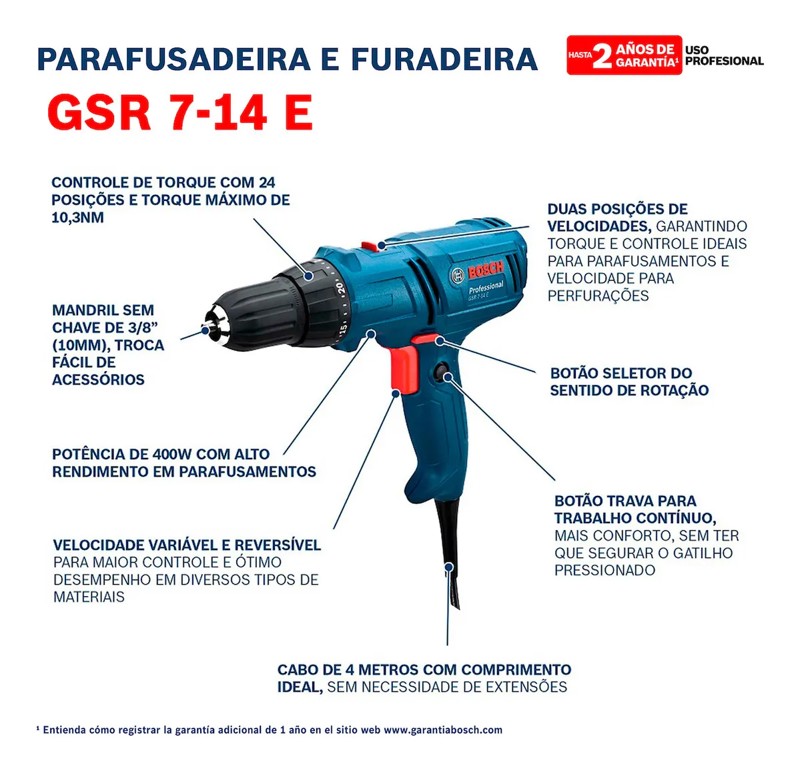 FURADEIRA 3/8'' - 10MM COM 400W - GSR 714E BOSCH - 06014470D0-000 220V