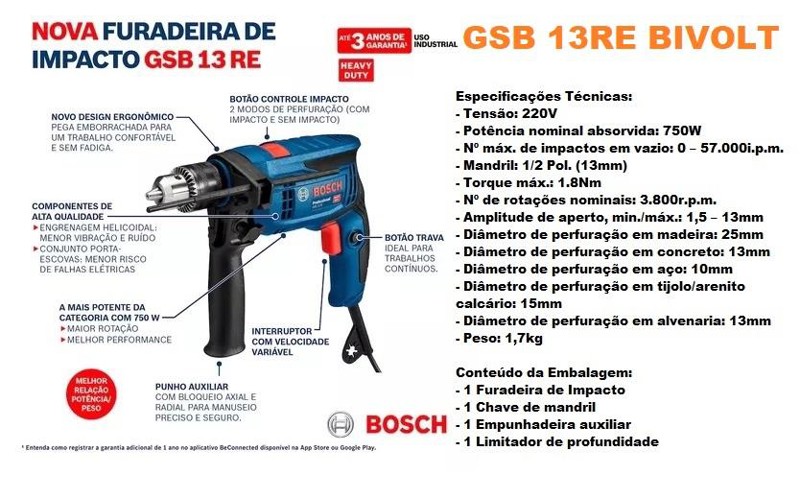 FURADEIRA BOSCH DE IMPACTO 1/2'' - 13MM COM 750W - GSB 13RE BIVOLT