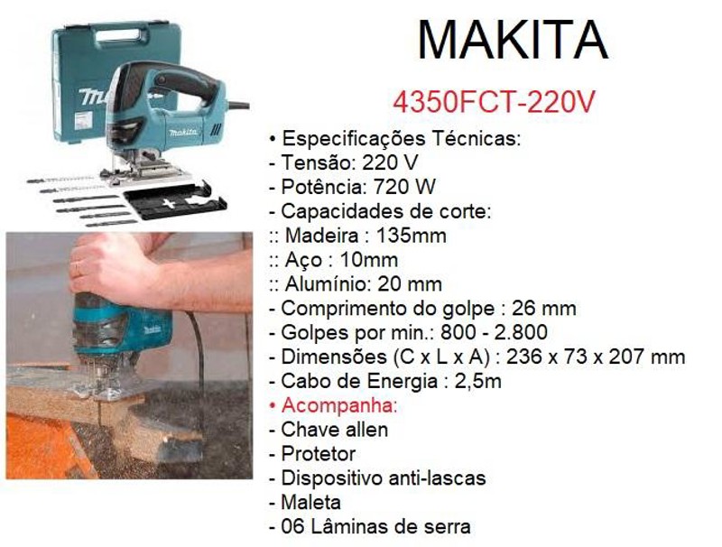 SERRA TICO TICO ELETRICA COM 720W MAKITA - 4350FCT-220V