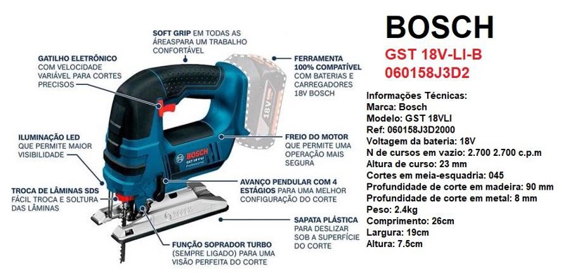 SERRA TICO TICO A BATERIA 18V BOSCH - GST 18V-LI-B - 060158J3D2